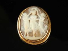 GOLD-MOUNTED CAMEO BROOCH, carved with three Graces, in framed marked '18k', 45 x 38mms, gross