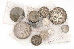 ASSORTED GEORGE III COINS, including 1820 silver crown x2, 1797 copper cartwheel penny, 1817