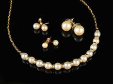 9CT GOLD CULTURED PEARL CHOKER NECKLACE, 40cms (l), gross weight approx. 13.2g; also two pairs of