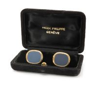 PATEK PHILIPPE 18CT GOLD 'ELLIPSE' CUFFLINKS, set with blue stone centres, rub-over setting, stamped