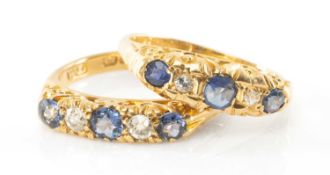 18CT GOLD SAPPHIRE & DIAMOND FIVE STONE RING, together with 18ct gold sapphire and white gem five
