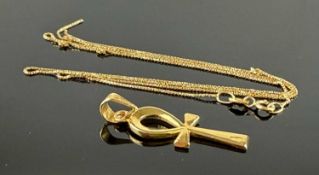 EGYPTIAN GOLD ANKH PENDANT, unmarked testing as 18ct, 28mms (l), 2g, together with 18ct gold fine