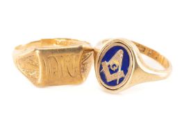 TWO GOLD MASONIC RINGS, comprising 9ct gold and blue enamel reversible oval ring, together with
