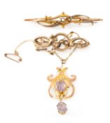 9CT GOLD AMETHYST PENDANT ON 9CT GOLD BROOCH, together with 9ct gold seed pearl brooch, 6.8g