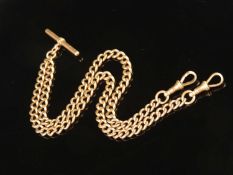 9CT GOLD CURB-LINK DOUBLE WATCH ALBERT, centred with T-bar, with two spring clips, 48cms (l),