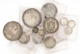 ASSORTED GEORGE IV & WILLIAM IV SILVER COINS, including 1821 crown, 1822 crown, 1823 half-crown,