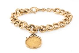 9CT GOLD CHUNKY CURB LINK CHAIN, with 1911 George V gold half sovereign attachment in 9ct gold
