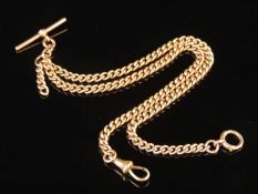 9CT GOLD CURB-LINK WATCH ALBERT with T-bar, spring clip, and bolt ring clasp, 42cms (l), approx. 28g