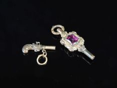 VICTORIAN GILT METAL WATCH KEY, inset with hardstones, with further Victorian novelty watch key,