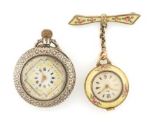 TWO LADIES' FOB WATCHES, comprising a guilloché enamel brooch watch with dial signed Ciro, 24mm (