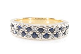 18CT GOLD SAPPHIRE & DIAMOND HALF-HOOP RING, the stones alternately set in two rows, 5.7g