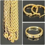 ASSORTED GOLD JEWELLERY, including 9ct stone-set ring, size N; pair of hoop earrings; and a curb