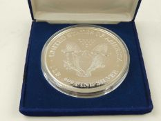 USA SILVER COIN PAPERWEIGHT, after the Liberty Dollar, 2001, .999 fine silver, 371g, 88mms (