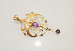 9CT GOLD AMETHYST & SEED PEARL OPENWORK PENDANT, 45 x 23mms, 1.8g Provenance: private collection