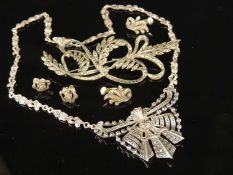 ART DECO STYLE SILVER & MARCASITE PENDANT NECKLACE; also a marcasite Belle Époque style brooch;