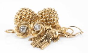 THREE PAIRS 18CT GOLD EARRINGS, comprising beaded pair, tasselled pair, and CZ set whorl pair, total