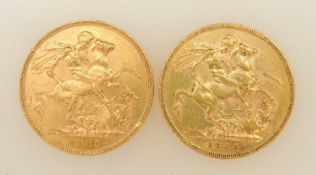 VICTORIA, TWO SOVEREIGNS, 1884, Young Head (VF/EF), 7.98g; and 1885, Young Head (F), 7.98g (2)
