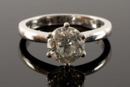 18CT WHITE GOLD DIAMOND SOLITAIRE RING, the single claw set round cut diamond measuring 1.5cts