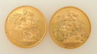 VICTORIA, TWO SOVEREIGNS, 1880, Young Head, Sydney Mint (EF), 7.98g; and 1881, Young Head, Melbourne