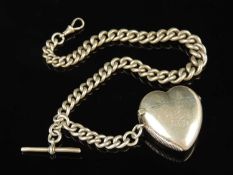 HEAVY SILVER GRADUATED CURB-LINK WATCH ALBERT with T-bar and spring clip, 37cms (l), supporting a