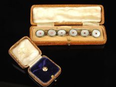 15CT GOLD & DIAMOND SHIRT STUD, old round-cut stone approx. 0.10ct, 1.2g; also cased set of gilt and