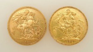 VICTORIA, TWO SOVEREIGNS, 1887, Jubilee Head (F), 7.98g; and 1889 (F/EF), 7.95g (2) Provenance: