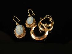 PAIR OF WEDGWOOD BLUE JASPERWARE PENDANT EARRINGS, mounted in 9ct gold; also three 9ct gold hoop