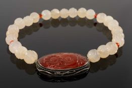 CHINESE-STYLE CARVED CARNELIAN & AGATE BEAD CHOKER NECKLACE, possibly Joseph Jessop, chrysanthemum