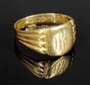 GOLD SIGNET RING, engraved with monogram, hallmark rubbed but possibly 18ct, size V, 7g
