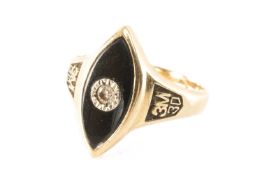 YELLOW METAL ENAMEL & DIAMOND MOURNING RING, shoulder marked '3M 3D', ring size O, 4.2g