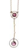 YELLOW METAL RUBY & SEED PEARL DROP NECKLACE, 3.1g Provenance: deceased estate Pembrokeshire
