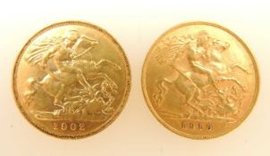 EDWARD VII, TWO HALF-SOVEREIGNS, 1902 (VF), 3.96g; and 1910 (EF), 3.98g (2) Provenance: private