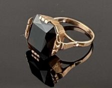 SOVIET REPUBLIC DARK SMOKY QUARTZ DRESS RING, set with canted square-cut stone, 13mms, the gold ring