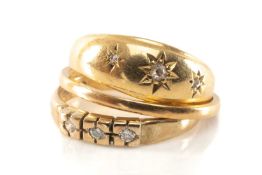 THREE GOLD RINGS comprising 9ct gold diamond chip three stone ring, 1.6g, 18ct gold three stone
