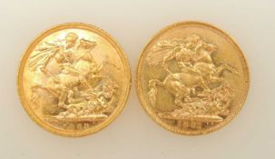 VICTORIA, TWO SOVEREIGNS, 1889, Melbourne Mint (EF), 7.98g; and 1891, Sydney Mint (EF), 7.98g (2)