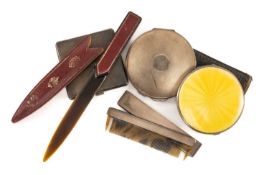 ASSORTED LADIES' ACCESSORIES, including yellow guilloché enamel compact, 2 silver compacts, comb and