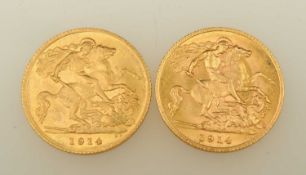 GEORGE V, TWO HALF-SOVEREIGNS, 1914 (F, possible mount marks), 3.99g; and another (VF), 3.98g (2)