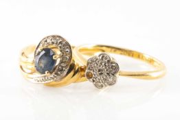 18K GOLD SAPPHIRE & DIAMOND CHIP RING, together with 18ct gold & platinum diamond cluster ring, 3.9g