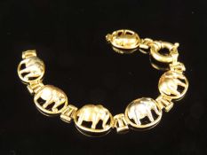 ITALIAN 18CT GOLD ELEPHANT LINK BRACELET, set with tiny sapphires, large bolt ring clasp (