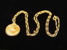 18CT GOLD LEO HOROLOGICAL PENDANT NECKLACE, 22mms (l), suspended from a figaro chain necklace, 48cms