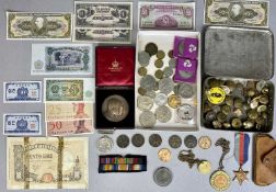 ASSORTED WORLD BANK NOTES, commemorative coins, medallions, and a small collection of military