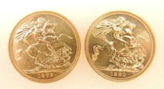 ELIZABETH II, TWO SOVEREIGNS, 1979 (EF), 7.98g; and 1980 (EF/UNC), 7.98g (2) Provenance: private