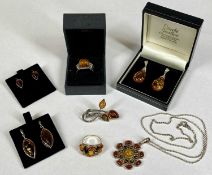 ASSORTMENT OF AMBER SET JEWELLERY, stamped 925, including brooch, two pairs of earrings, one boxed
