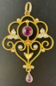 9CT GOLD ALMANDINE GARNET & PEARL OPENWORK PENDANT, 40mms drop, pendant 28mms, approx. 2.5g