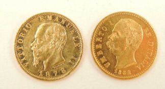 ITALY, TWO 20 LIRE GOLD COINS, 1878 (possible mount marks) AND 1882 (EF), alloy 900/1000, 6.3g and
