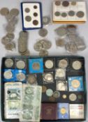 ASSORTED COINS & BANKNOTES, including 1888 Victoria silver crown, 1853 farthing, first decimal