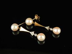 ATTRACTIVE PAIR OF CULTURED PEARL & DIAMOND-SET PENDANT EARRINGS, set in unmarked white and yellow