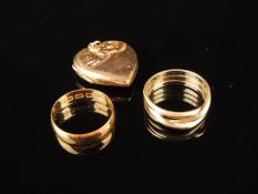 22CT GOLD POLISHED WEDDING RING, size K, 2.8g; also 9ct gold trinity ring, size K, 3.6g; and 9ct