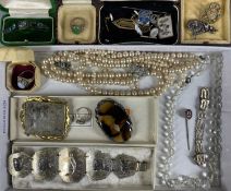 INTERESTING ASSORTMENT OF COSTUME JEWELLERY, including large agate brooch, Guatemalan white metal