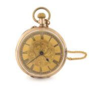 9K GOLD OPEN FACE POCKET WATCH, Roman numerals, top wind, 31.0g with gold plated chain Provenance: